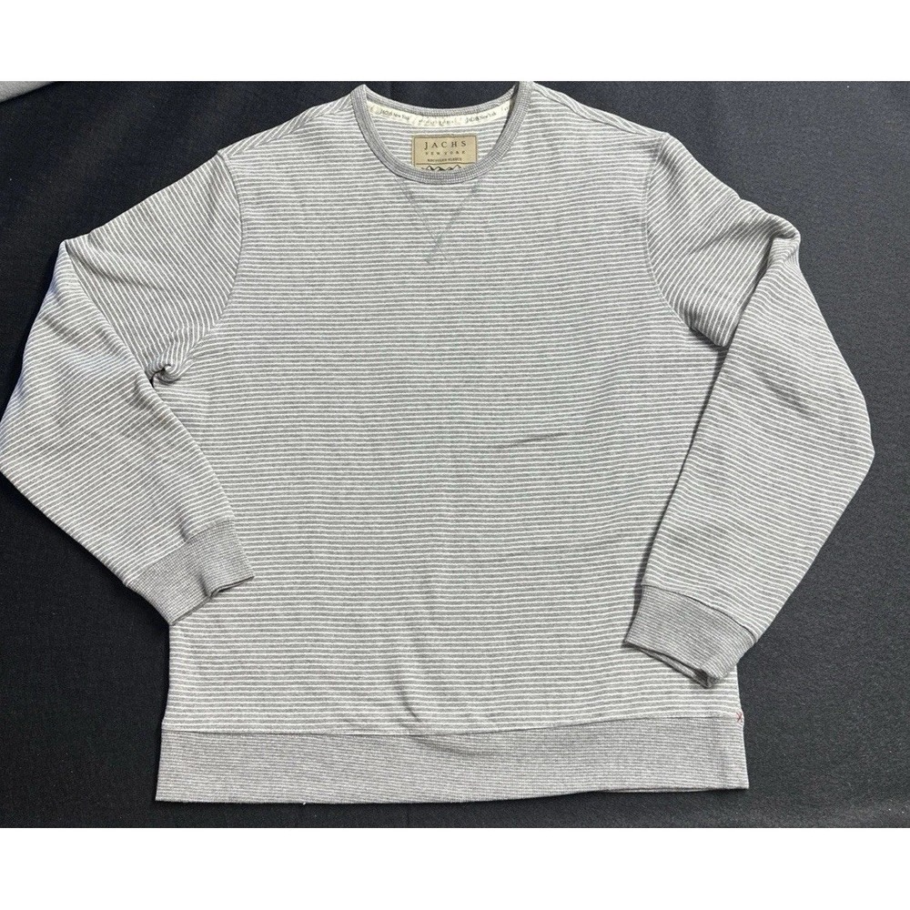 Jachs New York Striped Recycled Fleece Gray White Crewneck Sweatshirt Size Large